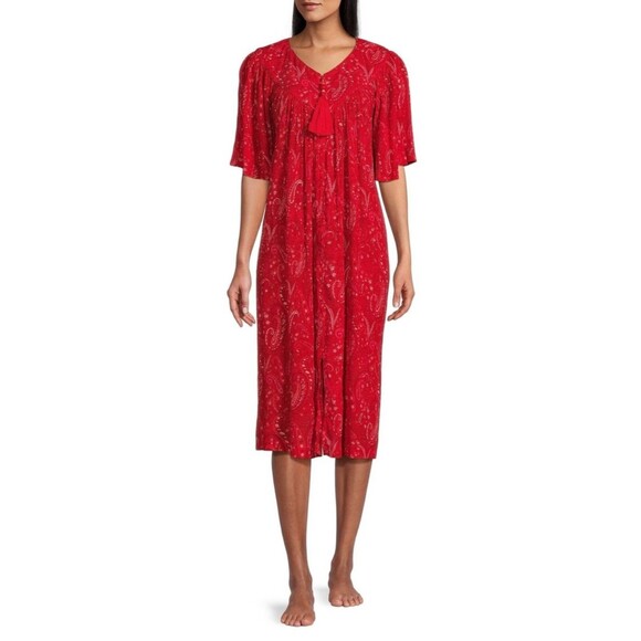 Go Softly Women's Dress Size (L) Crinkle Patio Red Paisley Rayon Full Zip Front - Picture 1 of 14